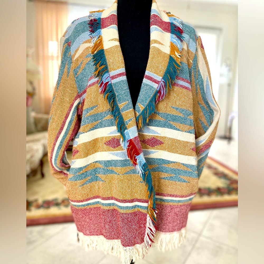 Vintage Granite Southwest Woven Fringe Cardigan Jacket